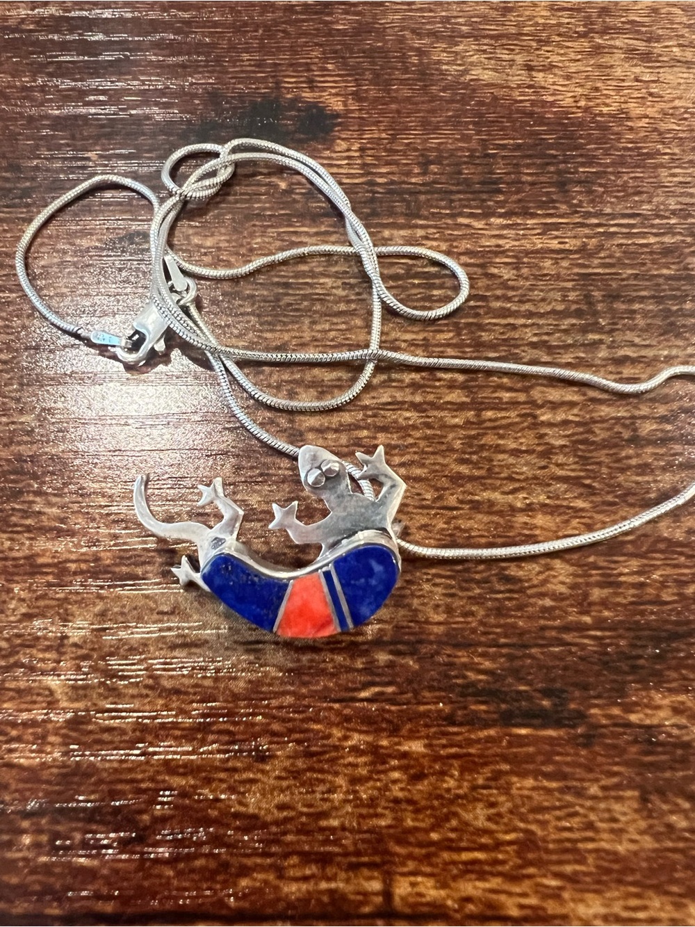 Sterling Silver Lizard Pendant Necklace with Blue and Red Inlay